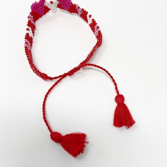 Red Hot Pink White Seed Bead Adjustable Hearts Bracelet - Picture 3 of 6